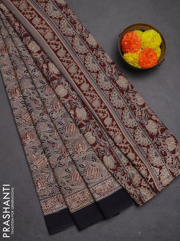 Jaipur cotton saree grey and navy blue with allover prints and printed border