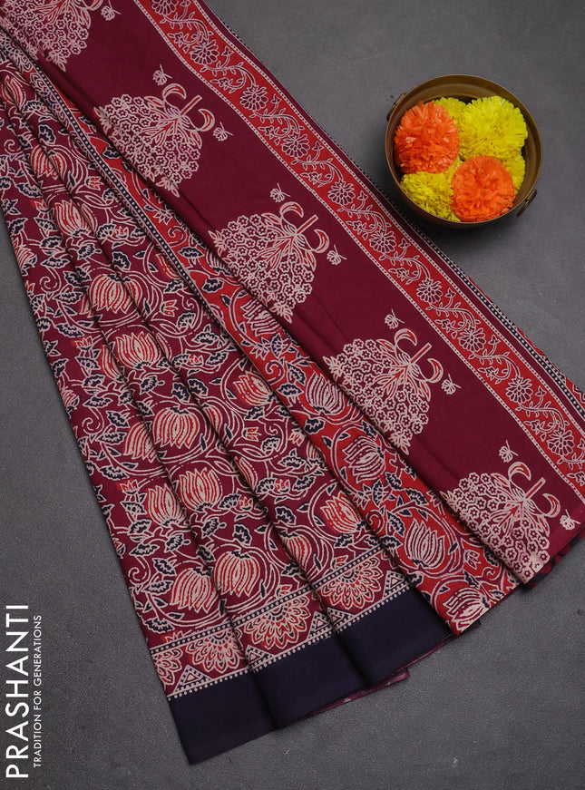 Jaipur cotton saree dark magenta pink and navy blue with allover prints and printed border