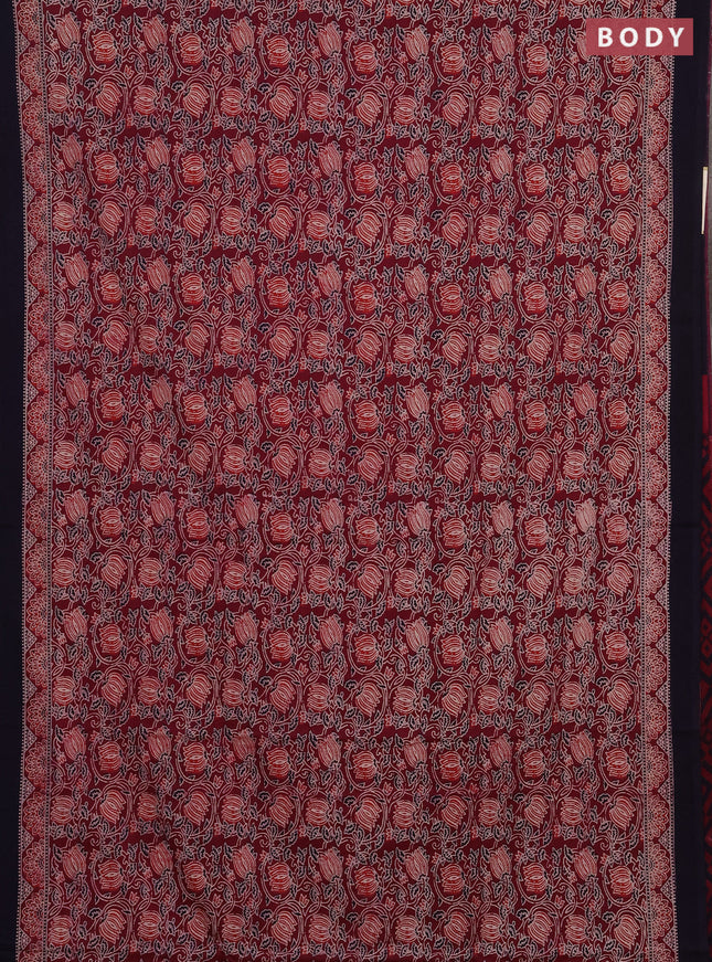 Jaipur cotton saree dark magenta pink and navy blue with allover prints and printed border