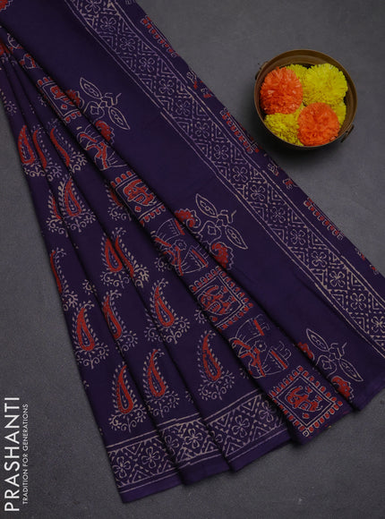 Jaipur cotton saree deep purple with allover paisley butta prints and printed border