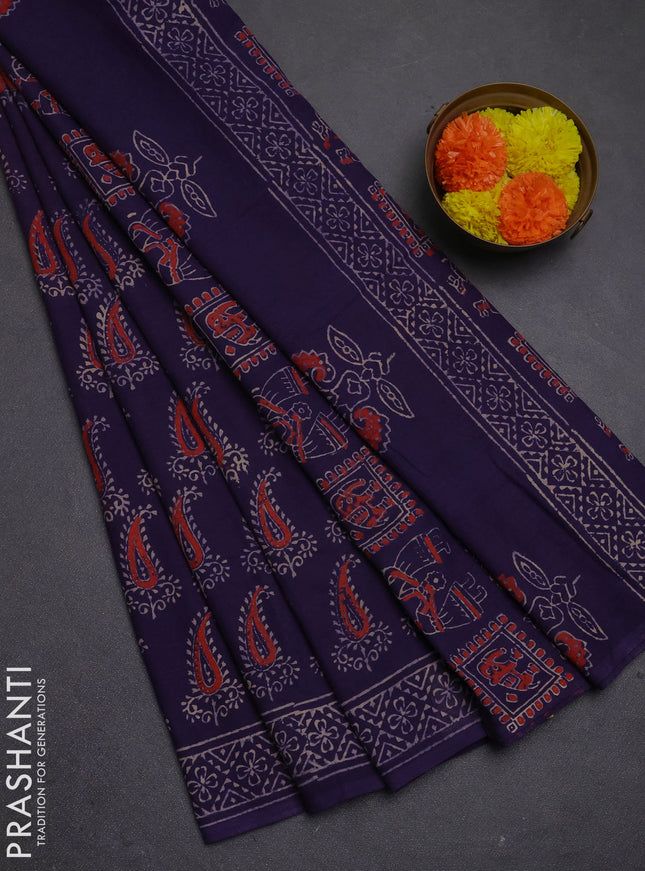 Jaipur cotton saree deep purple with allover paisley butta prints and printed border