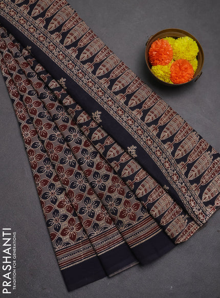 Jaipur cotton saree grey and navy blue with allover ajrakh prints and printed border