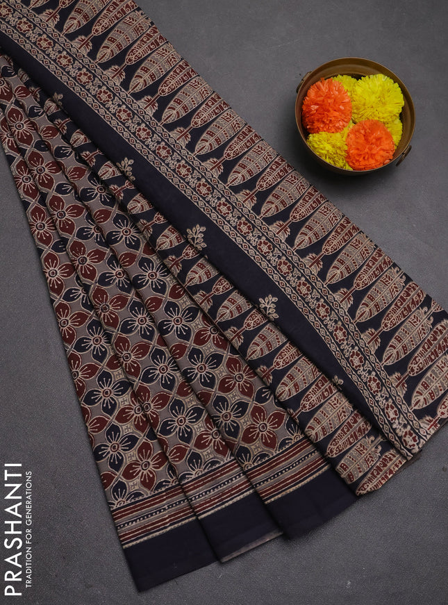 Jaipur cotton saree grey and navy blue with allover ajrakh prints and printed border