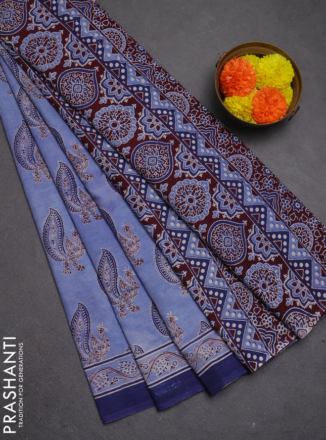 Jaipur cotton saree pastel blue and blue with allover annam butta prints and printed border