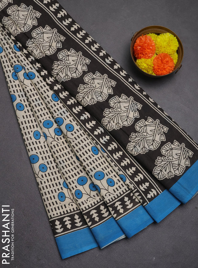Jaipur cotton saree beige and teal blue with allover prints and printed border
