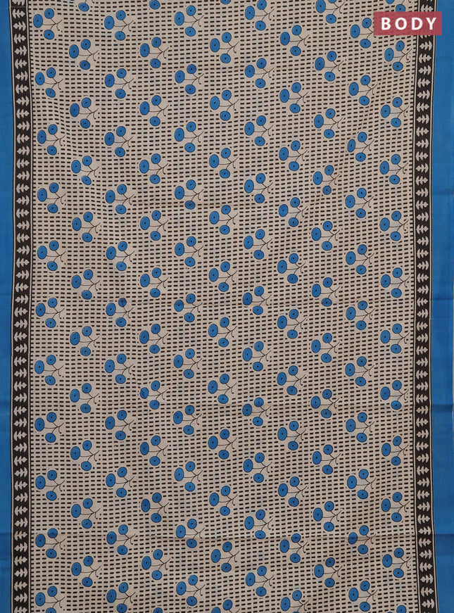 Jaipur cotton saree beige and teal blue with allover prints and printed border