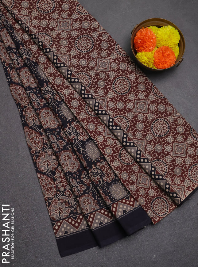Jaipur cotton saree grey and navy blue with allover prints and printed border