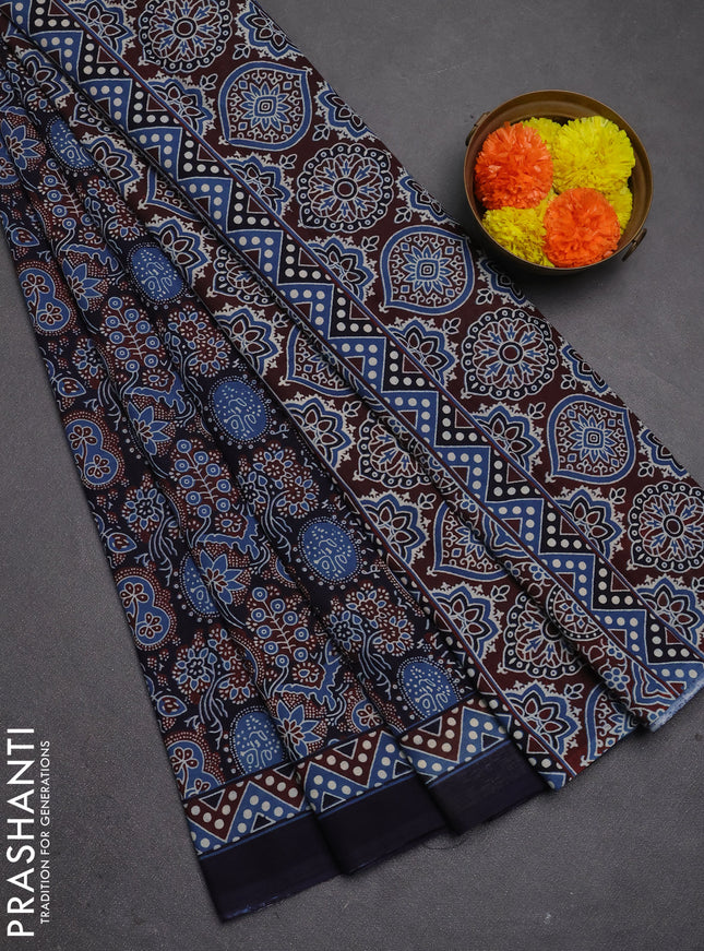 Jaipur cotton saree indigo blue and navy blue with allover prints and printed border