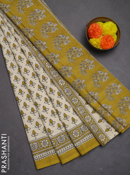 Jaipur cotton saree beige and mustard green with allover butta prints and printed border