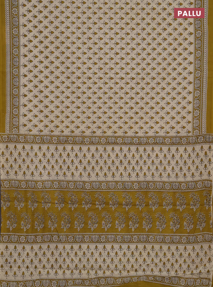 Jaipur cotton saree beige and mustard green with allover butta prints and printed border