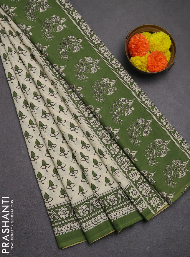 Jaipur cotton saree beige and sap green with allover butta prints and printed border
