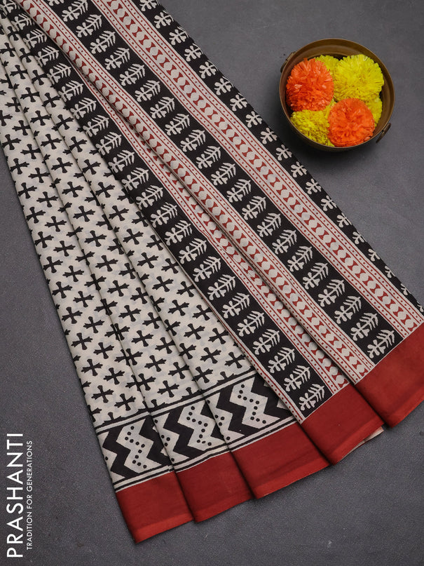 Jaipur cotton saree beige and maroon with allover prints and printed border