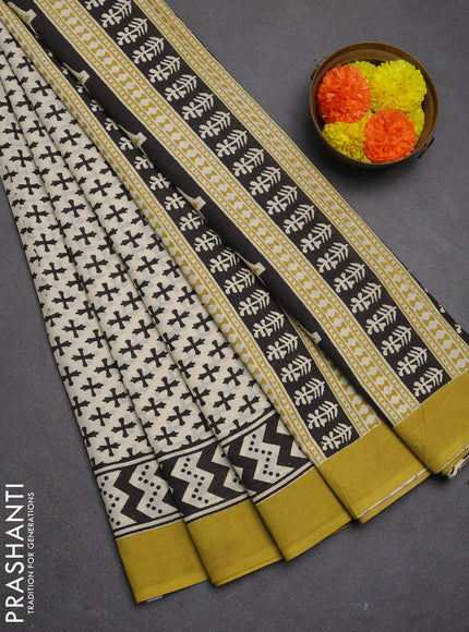 Jaipur cotton saree beige and mustard green with allover prints and printed border