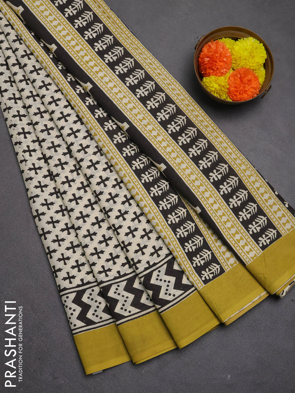 Jaipur cotton saree beige and mustard green with allover prints and printed border