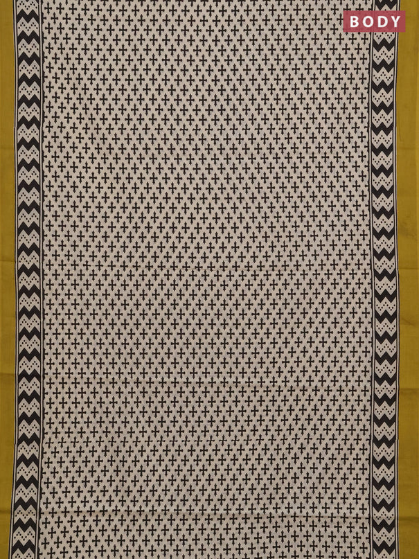 Jaipur cotton saree beige and mustard green with allover prints and printed border