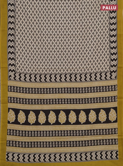 Jaipur cotton saree beige and mustard green with allover prints and printed border