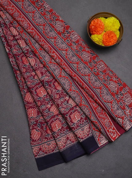 Jaipur cotton saree wine shade and navy blue with allover prints and printed border