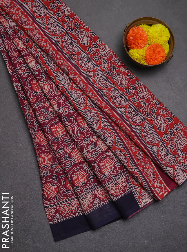 Jaipur cotton saree wine shade and navy blue with allover prints and printed border