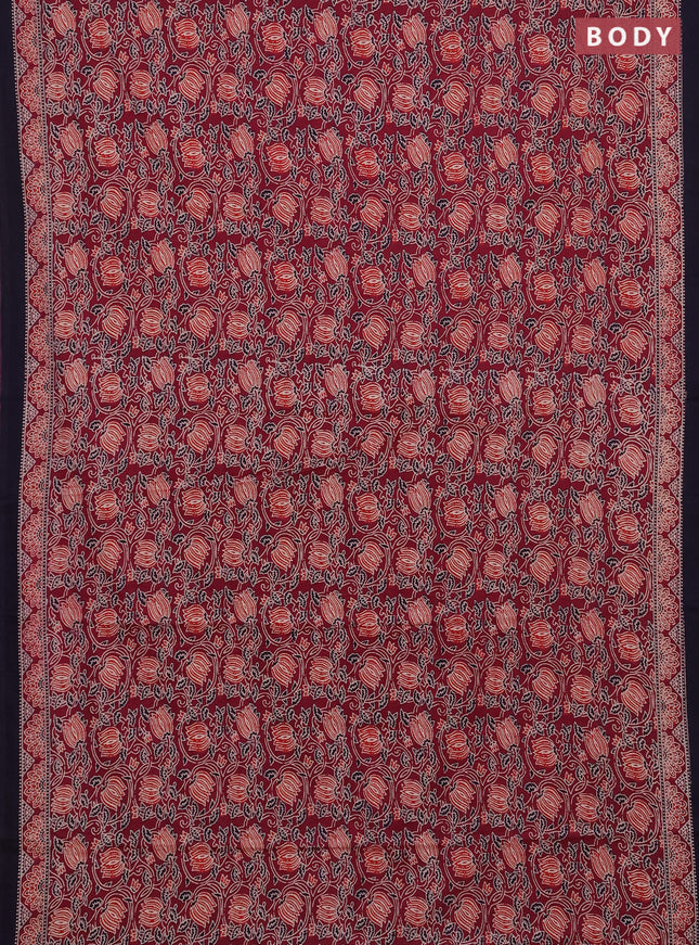 Jaipur cotton saree wine shade and navy blue with allover prints and printed border