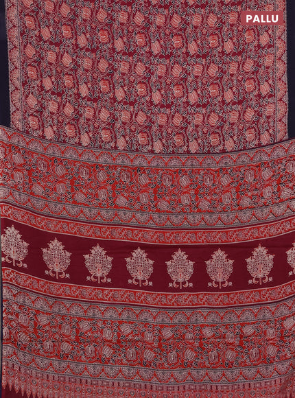 Jaipur cotton saree wine shade and navy blue with allover prints and printed border