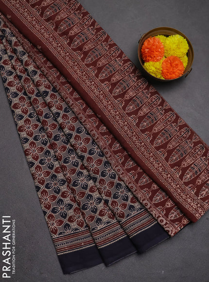 Jaipur cotton saree grey and navy blue with allover ajrakh prints and printed border