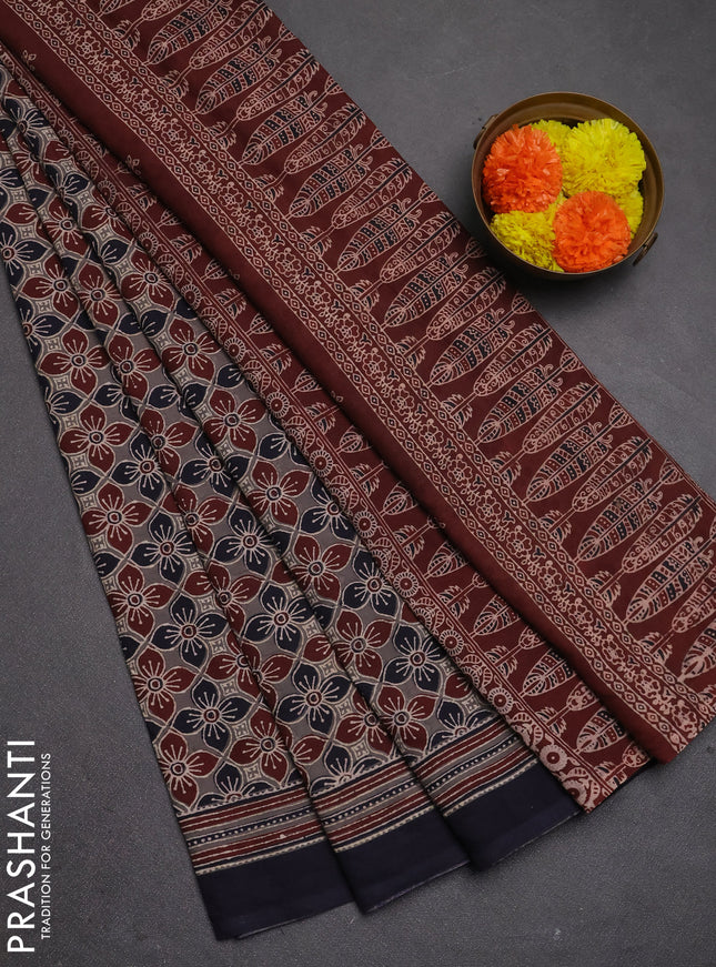 Jaipur cotton saree grey and navy blue with allover ajrakh prints and printed border