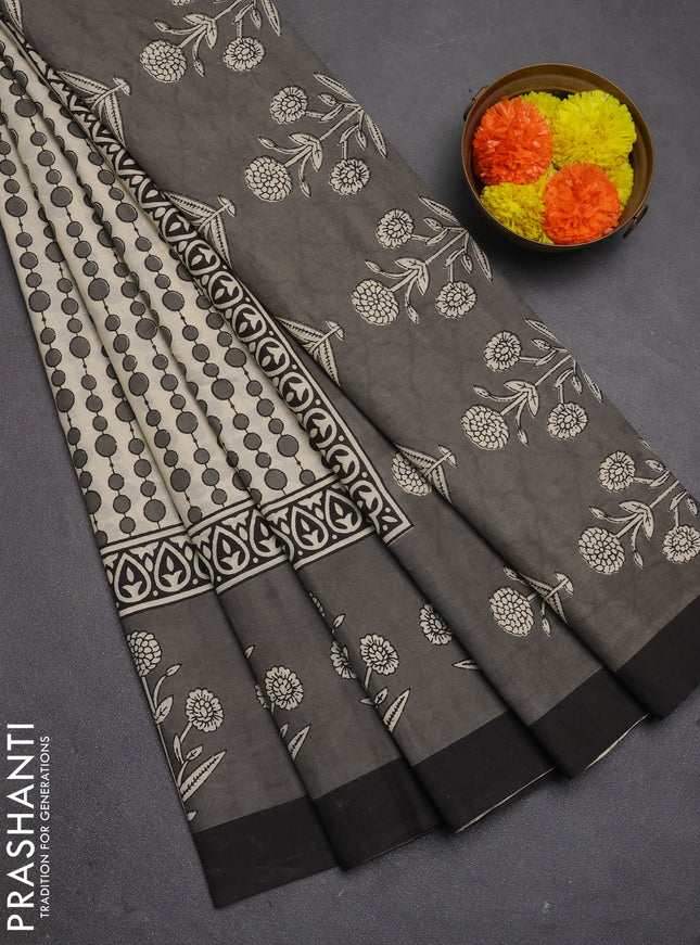 Jaipur cotton saree beige grey and black with allover geometric prints and printed border
