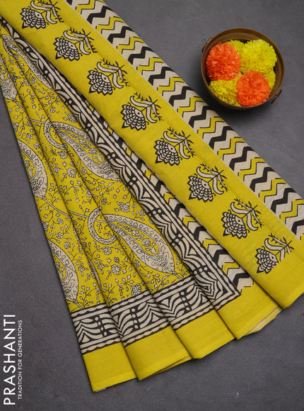 Jaipur cotton saree yellow and black with allover paisley prints and printed border
