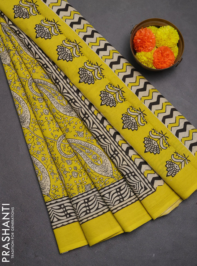 Jaipur cotton saree yellow and black with allover paisley prints and printed border