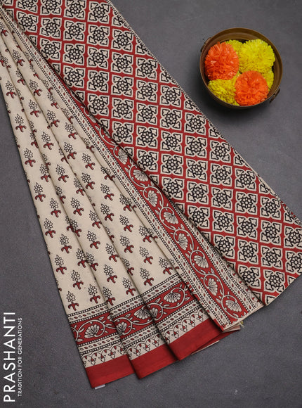 Jaipur cotton saree beige and maroon with allover floral butta prints and printed border