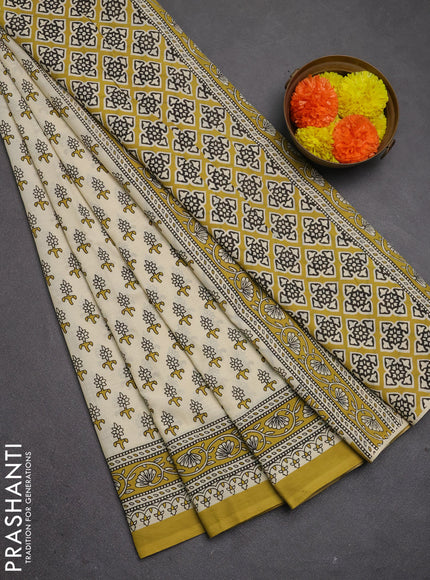 Jaipur cotton saree beige and mustard green with allover floral butta prints and printed border