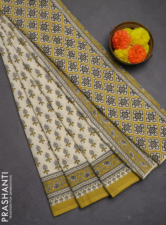Jaipur cotton saree beige and mustard green with allover floral butta prints and printed border