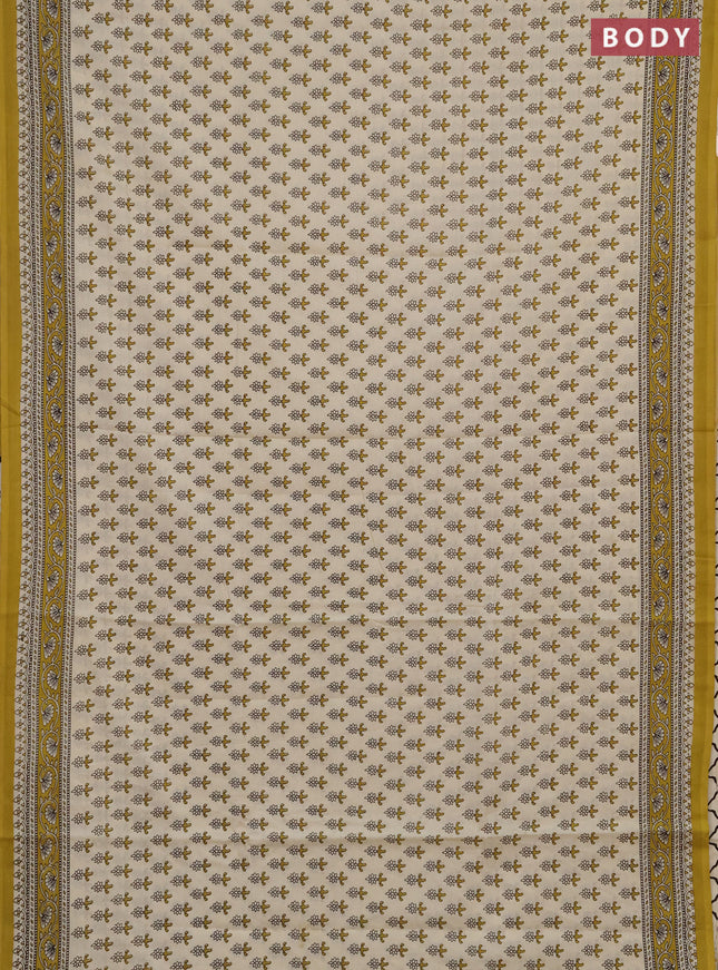 Jaipur cotton saree beige and mustard green with allover floral butta prints and printed border
