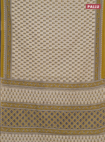 Jaipur cotton saree beige and mustard green with allover floral butta prints and printed border