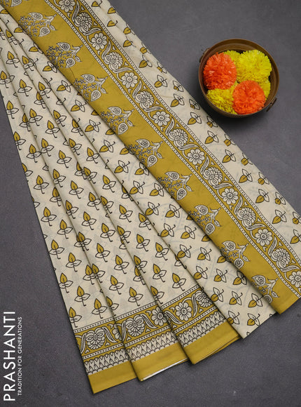 Jaipur cotton saree beige and mustard green with allover butta prints and printed border