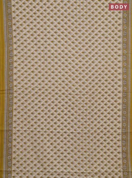 Jaipur cotton saree beige and mustard green with allover butta prints and printed border