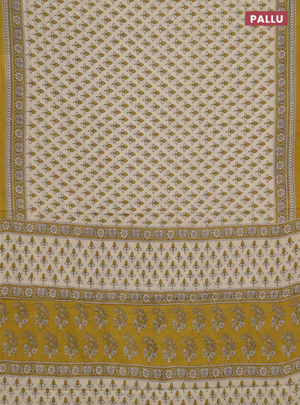 Jaipur cotton saree beige and mustard green with allover butta prints and printed border