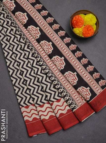 Jaipur cotton saree beige and maroon with allover zigzag prints and printed border