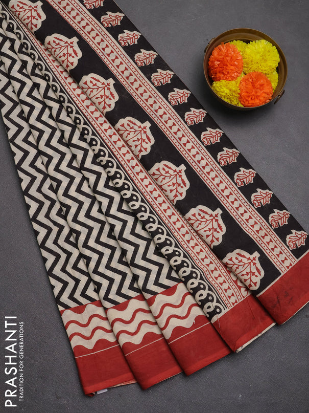 Jaipur cotton saree beige and maroon with allover zigzag prints and printed border