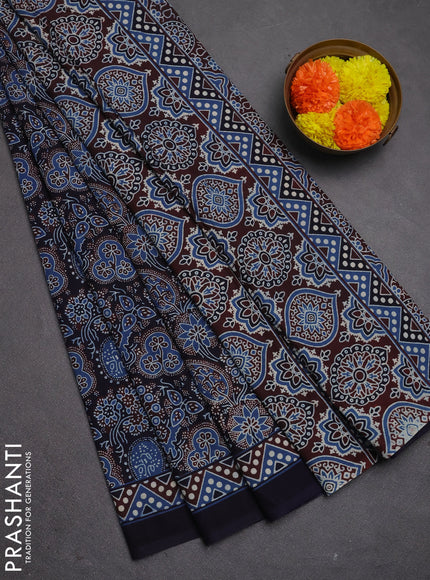 Jaipur cotton saree indigo blue and navy blue with allover prints and printed border