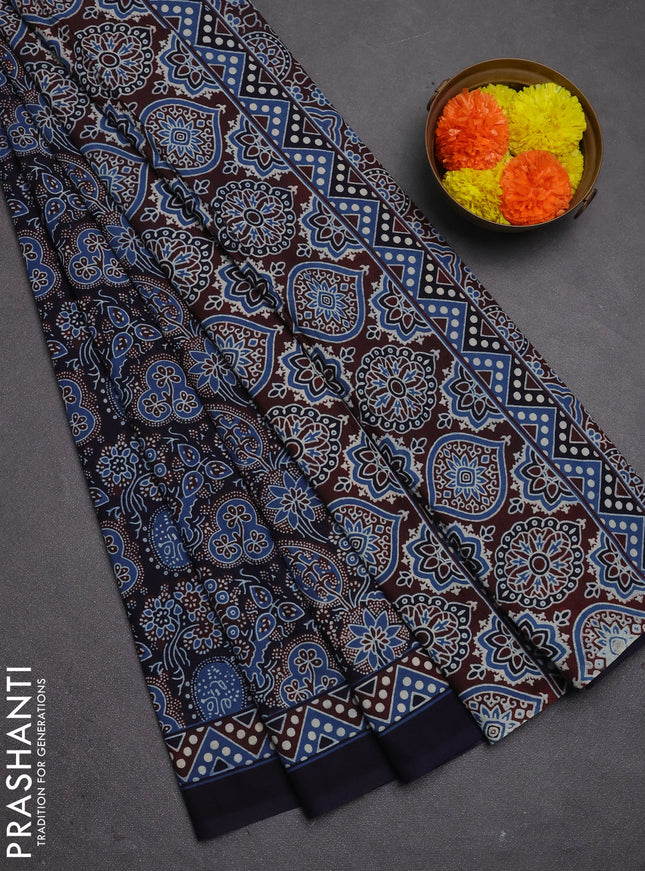 Jaipur cotton saree indigo blue and navy blue with allover prints and printed border