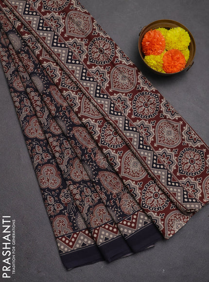 Jaipur cotton saree grey and navy blue with allover prints and printed border