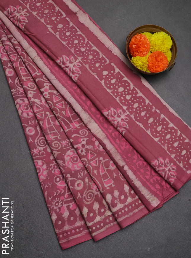 Jaipur cotton saree mauve pink with allover waril prints and printed border