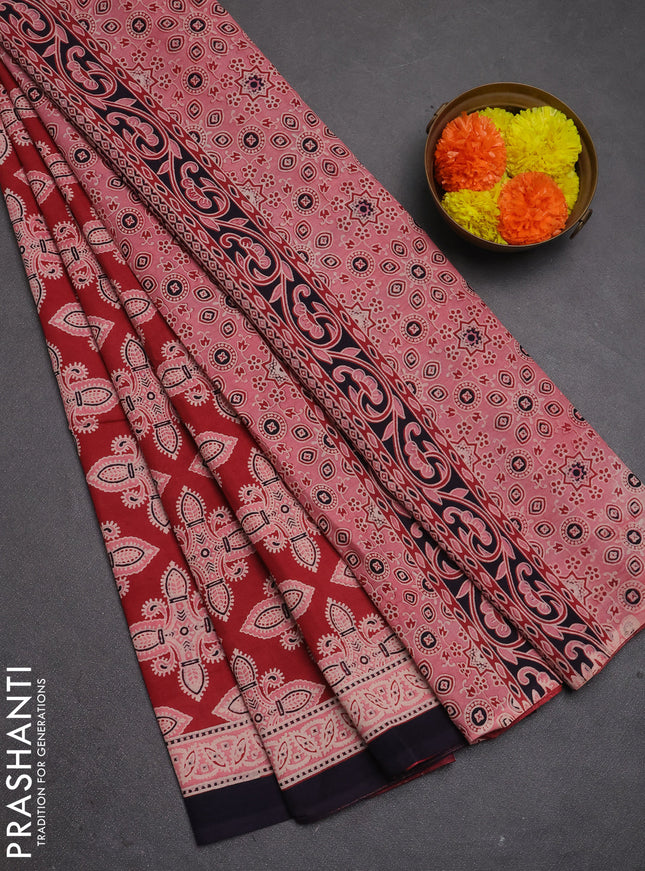 Jaipur cotton saree red and deep purple with allover ajrakh prints and printed border
