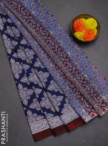 Jaipur cotton saree indigo blue and maroon with allover ajrakh prints and printed border