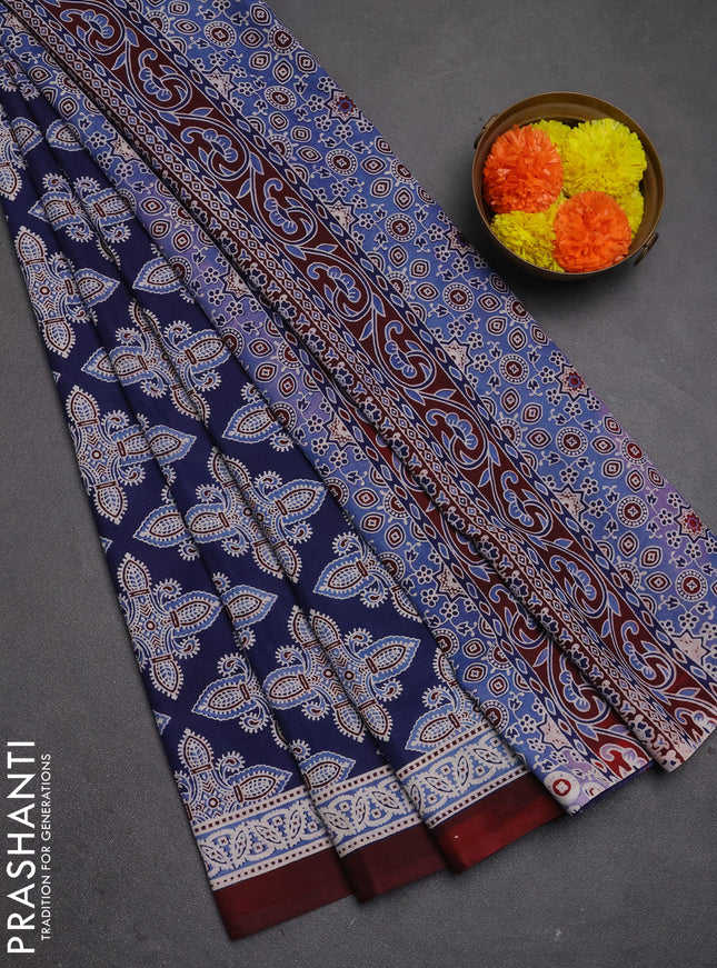 Jaipur cotton saree indigo blue and maroon with allover ajrakh prints and printed border