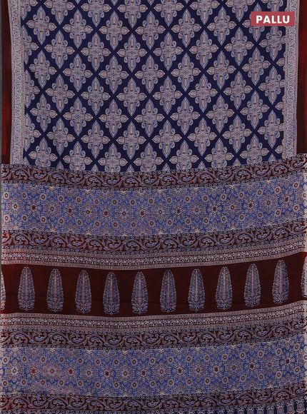 Jaipur cotton saree indigo blue and maroon with allover ajrakh prints and printed border