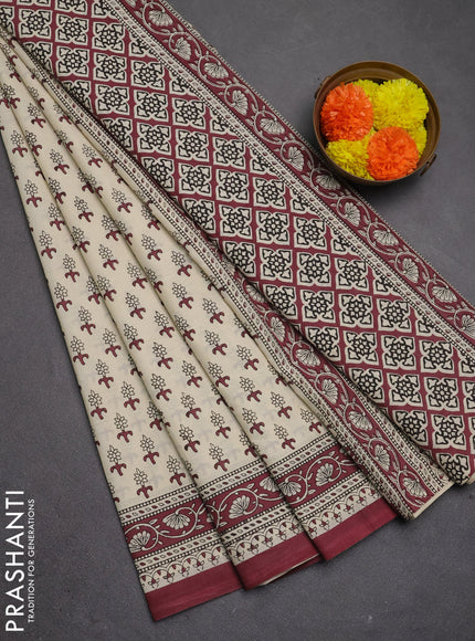 Jaipur cotton saree beige and wine shade with allover butta prints and printed border