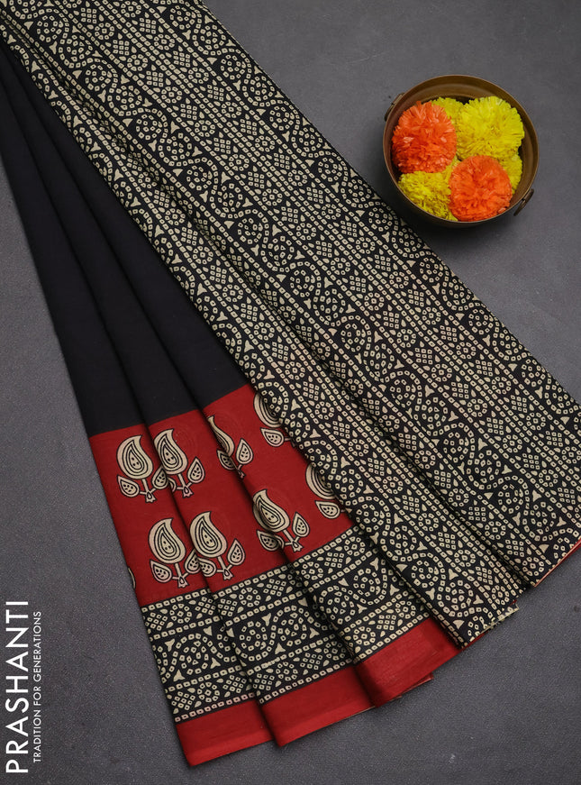 Jaipur cotton saree black and maroon with plain body and long printed border