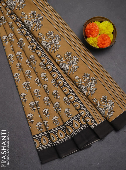 Jaipur cotton saree sandal and black with allover floral butta prints and printed border